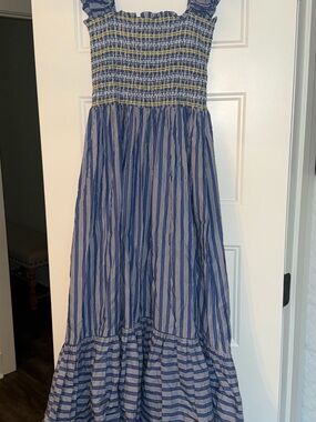 Karlie Blue and White Striped Maxi Dress with Yellow Accents